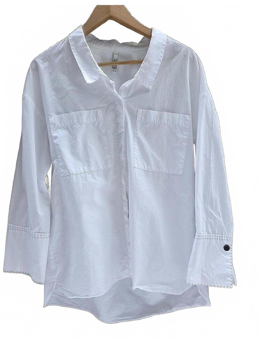 ZARA Classic White Cotton Oversize Shirt With Navy Stitching. Detail Sm like new